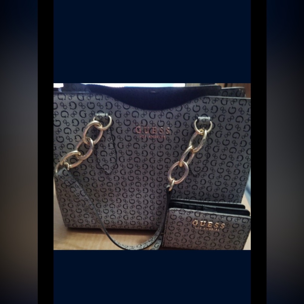 GUESS Monogram Black and Gold Tote Set